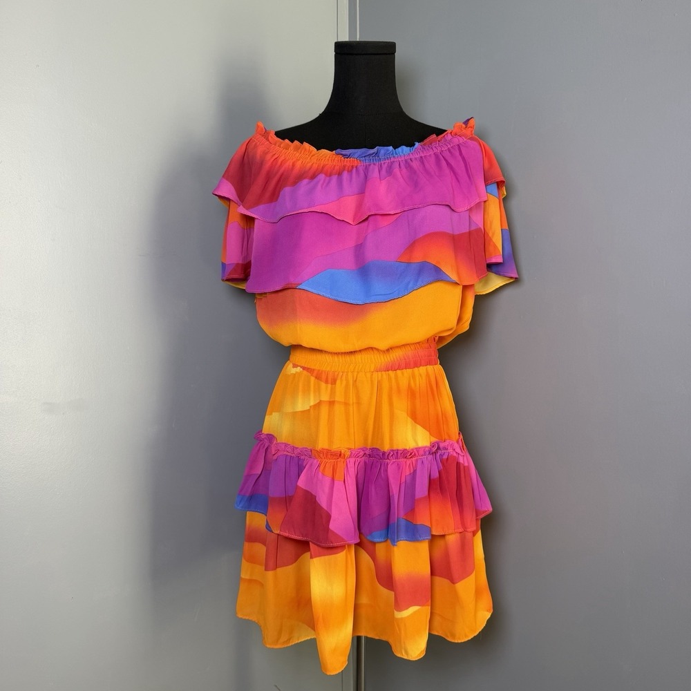 Buddy Love Kiera Ruffled Mini Dress Women Large Multicolor Off Shoulder Rainbow